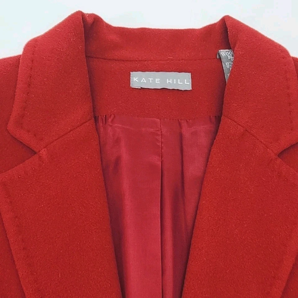 Kate Hill Blazer 夹克红色羊毛羊绒混纺衬里女式 14 码纽扣 — 第 3/4 张图片