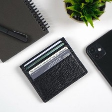 Black-Ultra-Slim Leather Card Holder Wallet - Minimalist  Essential Cards
