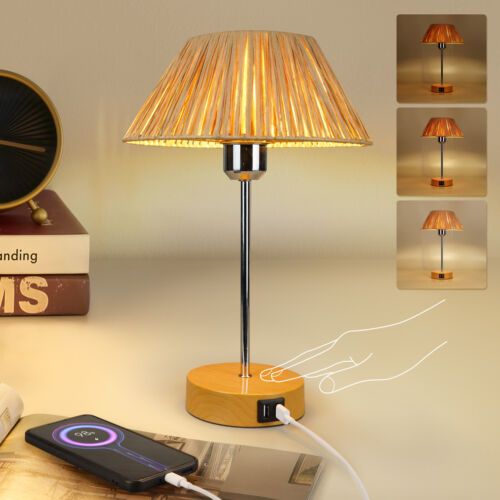 Vintage Desk Lamp Dimmable Bedroom Table Lamp Touch Control Rattan LED Plug in