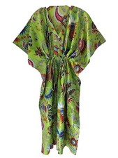 Indian Green Mukut Print Cotton Hippie Maxi Women Nightwear Caftan Dress Kimono