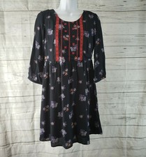 Old Navy Womens Dress Sz XS Black Red Floral Embroidered 3/4 Sleeve Rayon