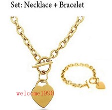Gold Plated Stainless Steel Heart Charms Oval Link Necklace Bracelet Set women