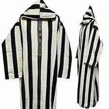 Moroccan Black/Off-White Striped Cashmere Wool Blend Hooded Thobe Djellaba Su
