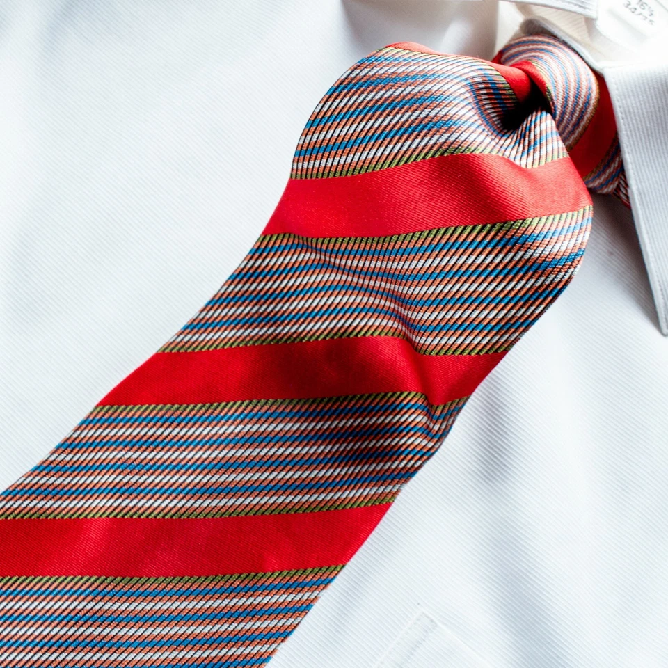 Corbata Versace V2 Italia Roja Azul Cobre Gris Rayas Seda 56.5"L x 3.75"W Foto 2 de 4