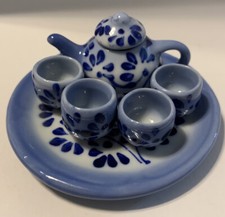 Miniature Porcelain Doll House Tea Set Includes Platter, Tea Pot With Lid, 4 Cup