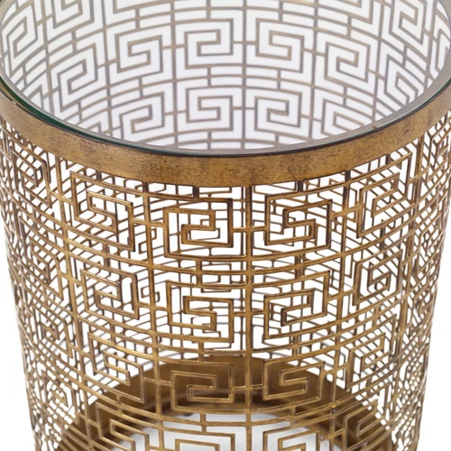 ALGERNON 24" GREEK KEY AGED GOLD IRON ACCENT END TABLE GLASS TOP 25046 - Picture 4 of 5