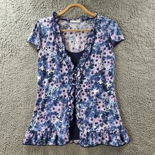 TARGET Womens Blouse Top Size 8 Blue Purple Floral Stretch Knit Short Sleeve