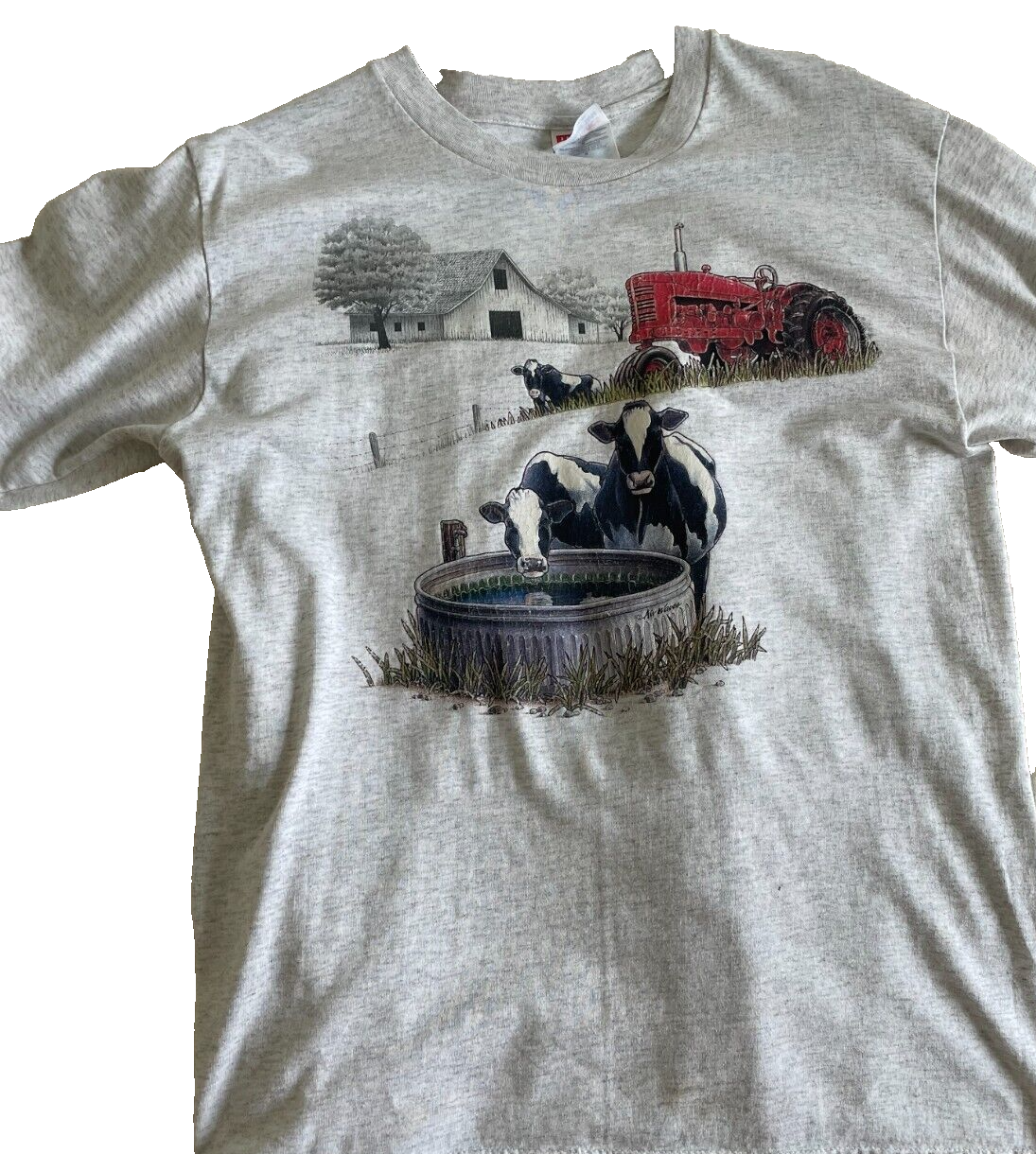 Vintage Farm Shirt Mens M Medium 90s Tee Cream Barn Cow Tractor Murina USA