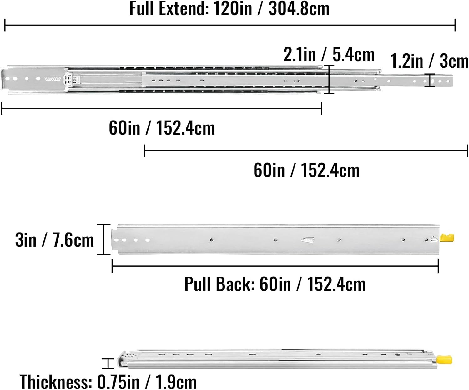 Heavy-Duty 60" Locking Drawer Slides, 500Lbs Capacity, Full Extension Glide