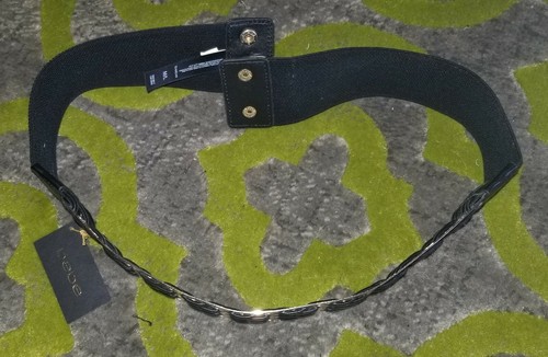 BEBE Black PU leather /gold metal woven wide stretchy elastic belt NEW S-M - Picture 6 of 8