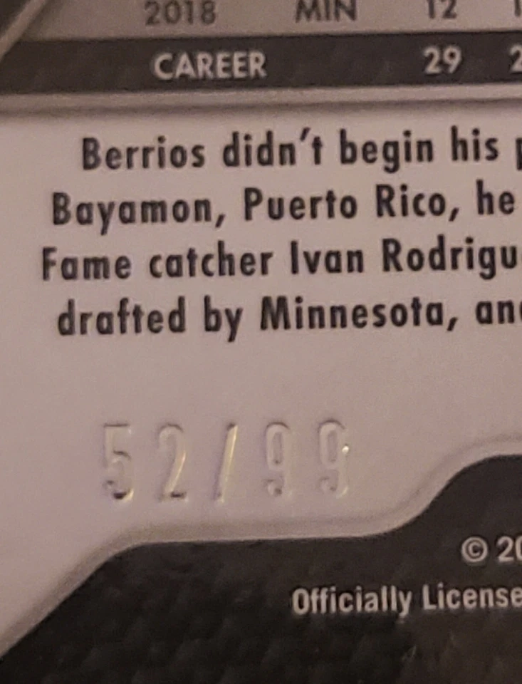 2019 Panini Prizm Zebra Prism /99 Jose Berrios Bluejays Baseball  - Image 3 of 4