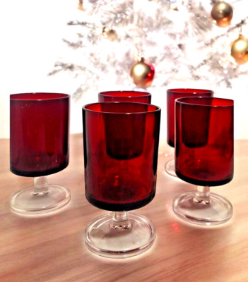Ruby Red Arcoroc Wine Glasses Coctails Stemed Barware Set of 5 VTG MCM France