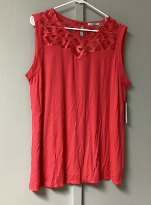 Dex Plus Sleeve Floral Embroidered Tee Top Size 1X Coral Sleeveless Viscose New