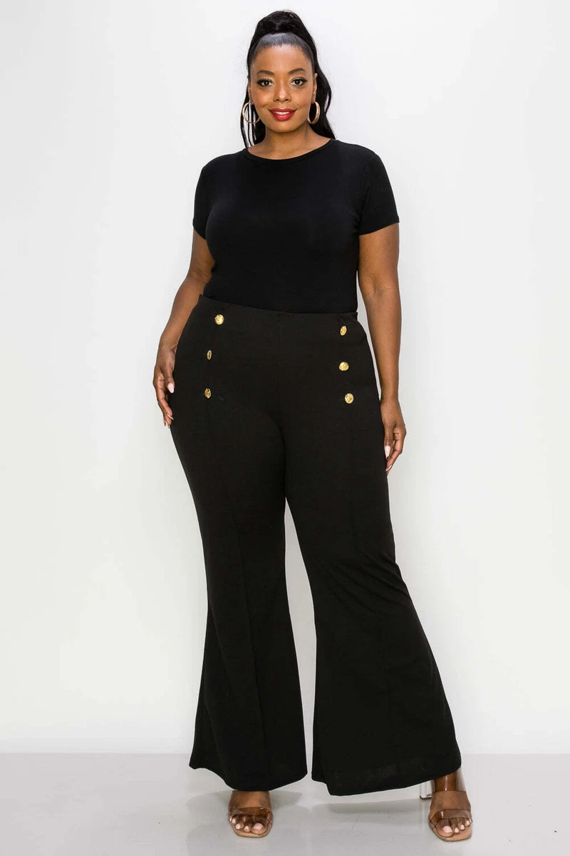 PLUS SIZE High Waisted Button Detail Flare Pants | Made in USA | 1X 2X 3X