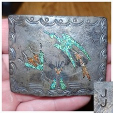 Vtg Native American Signed JJ Sterling Silver Turquoise Coral Inlay Belt Buckle