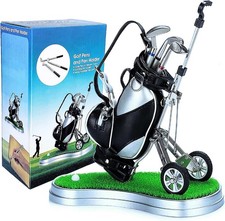 Golf Pen Holder with 3 Club Pens and Movable Golf Cart Mini Golf Bag Desk Decor