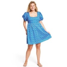 Rhode x Target Blue Eyelet Embroidered Puff Sleeve Mini Dress 1X Square Neck
