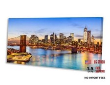 New York City Skyline Canvas Wall Art-Brooklyn Bridge at 40"L x 20"W Night Blue