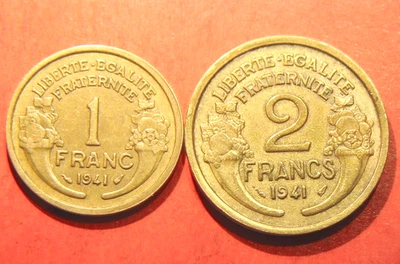 Lot 2 pièces: 1 franc et 2 francs Morlon 1941 Bronze-Alu - Photo 1/2