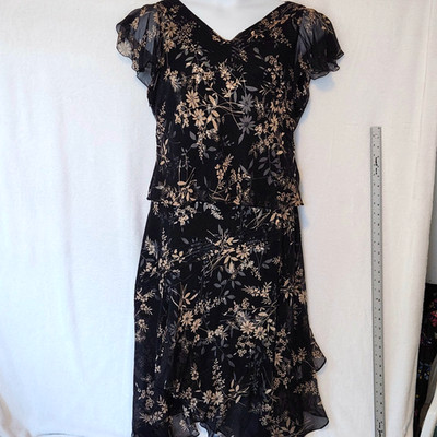 Vtg Adrianna Papell Women's 14 Black Floral Silk Layered Suit Blouse Skirt Set
