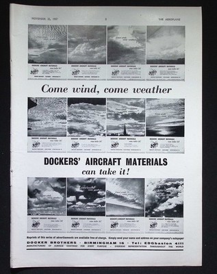 Original 1957 Reklame Docker Brothers Flugzeugmaterial Wetterfest
