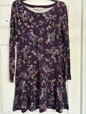 LOFT Floral Fit & Flare Dress XS Purple Long Sleeve Knit Swing Dress