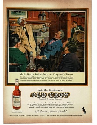 1959 Old Crow Bourbon Whiskey Mark Twain at Klaproth's Tavern Elmira NY art Ad