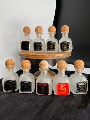 9 PATRON XO CAFE Coffee Liqueur Frosted Bottle (EMPTY) 50mL w/ Cork + Labels