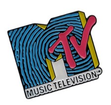 MTV Logo Pin Blue Pink Fingerprint Pattern Yellow Accents Music Television Retro