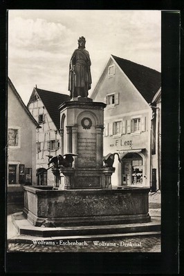 Wolframs-Eschenbach, Wolframs-Denkmal und Geschäft F. Leng, Ansichtskarte 