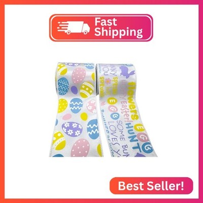 Meseey 2 Rolls Easter Ribbon, 2.5 Inch x 5 Yards Pastel Easter Egg & Happy Easte