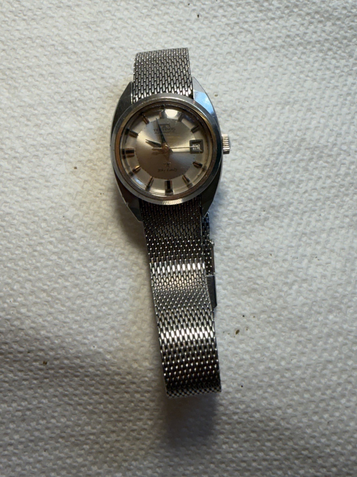 Technos Sky Lady Automatic Vintage Women Watch Silver Dial Date Mesh Bracelet