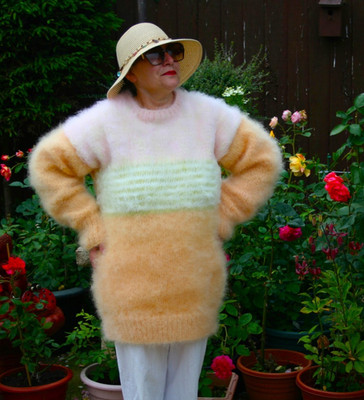 Neuer handgestrickter flauschiger Mohair Rundhals Pullover Pulli - Pastelltöne - XL