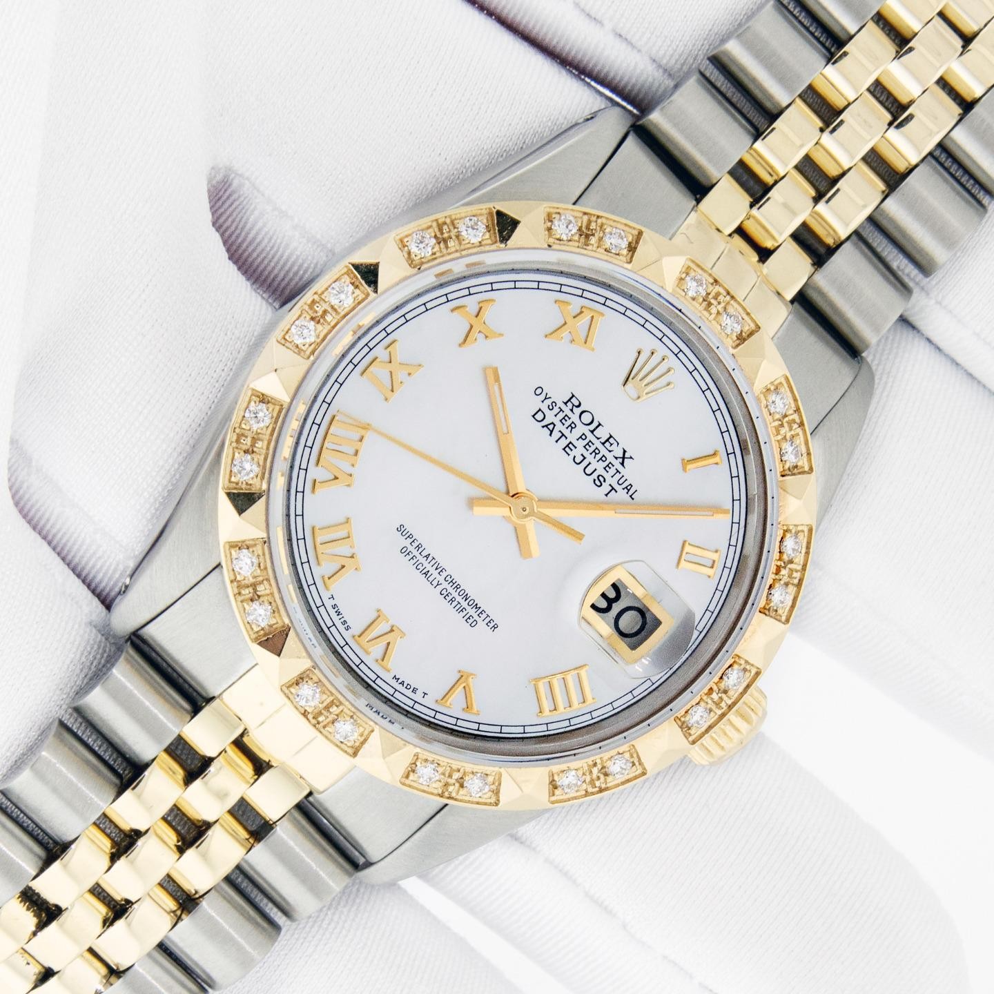 Rolex Mens Datejust White Roman Watch Steel and 18K Gold Diamond Bezel Rolex Box image 2