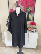 H by Halston Women's Bell Sleeve Sheer Hidden Button Shirt Dress Black Sz Medium