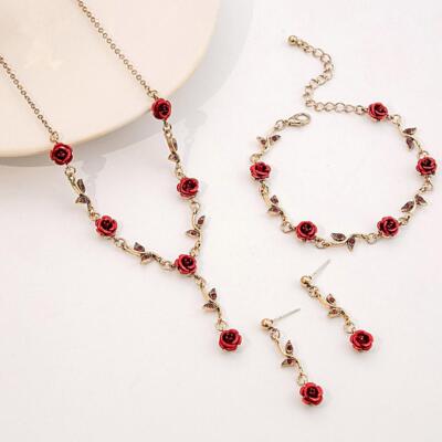 Rose Flower Necklace Bracelet Earrings Set Colorful Women's Party Jewelry FAST