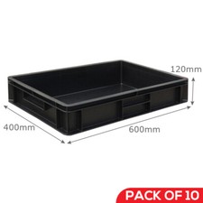 10 x (600 x 400 x 120mm) Black Euro Stacking Container Trays - Recycled Plastic