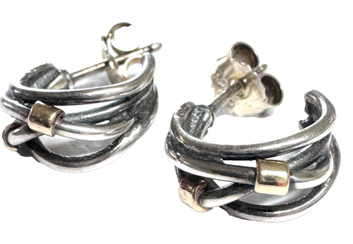 PANDORA Two Tone Intertwined Rope Hoop Earrings 14K Gold Silver 290263 Rare - Picture 3 of 6