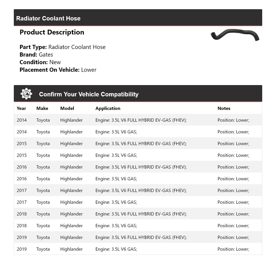 For 2014-2019 Toyota Highlander Radiator Coolant Hose Lower Gates 2015 2016 2017 - Image 2 of 3