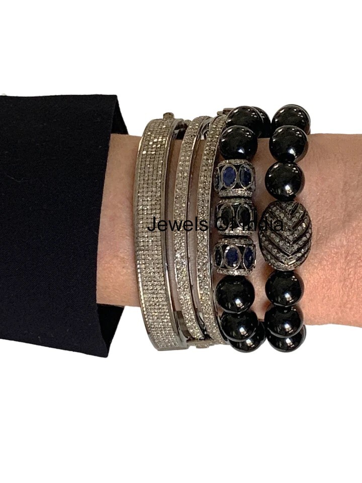 Natural Rosecut Diamond & Black Onyx 925 Sterling Silver 5 Pieces Bangles Set