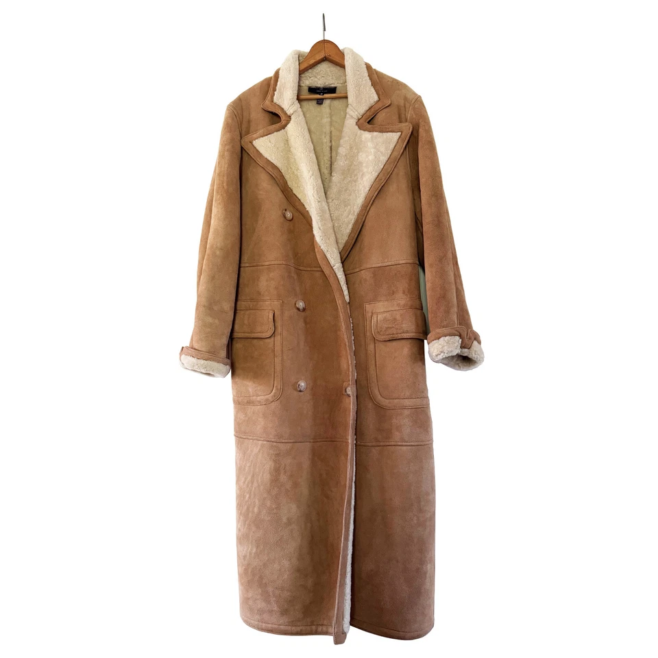 RALPH LAUREN Women's Brown Suede Shearling-Lined Maxi Coat Vintage USA Size 8