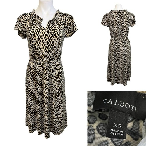 Talbots dress xs tan black animal print blouson sheath knee length office church