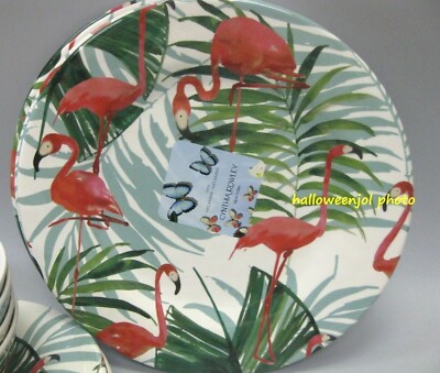 x4 CYNTHIA ROWLEY Pink Flamingo Tropical Dinner Plates MELAMINE