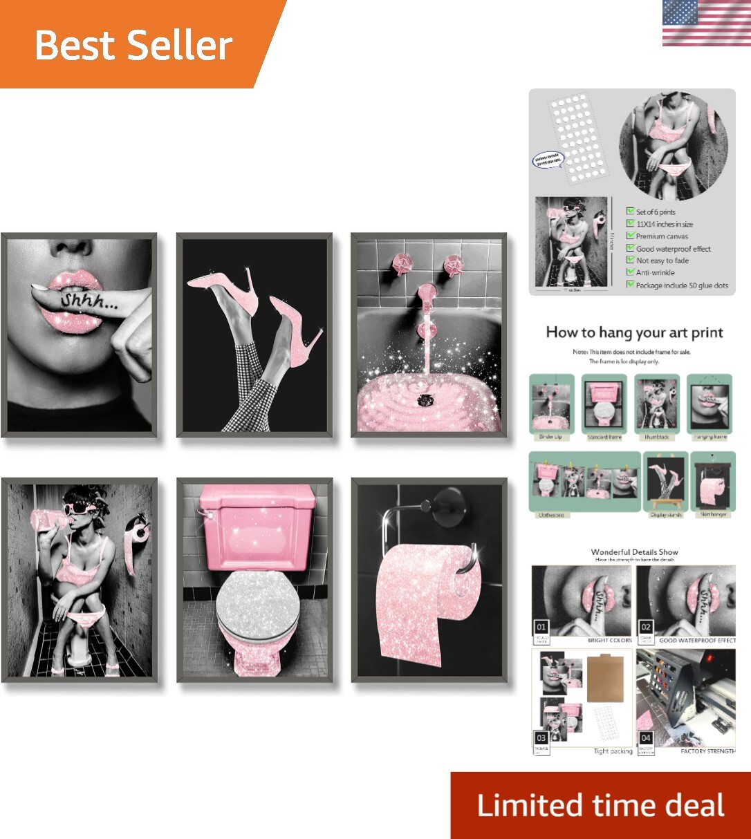 Chic Wall Art Prints for Bathroom Glittery Pink Glam Set of 6 11