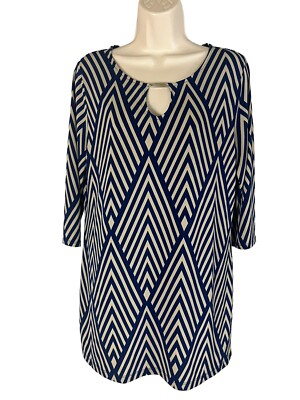 Kiara Women s Size Large L Blue Tan Stripe Tunic Top 3/4 Sleeve Keyhole EUC