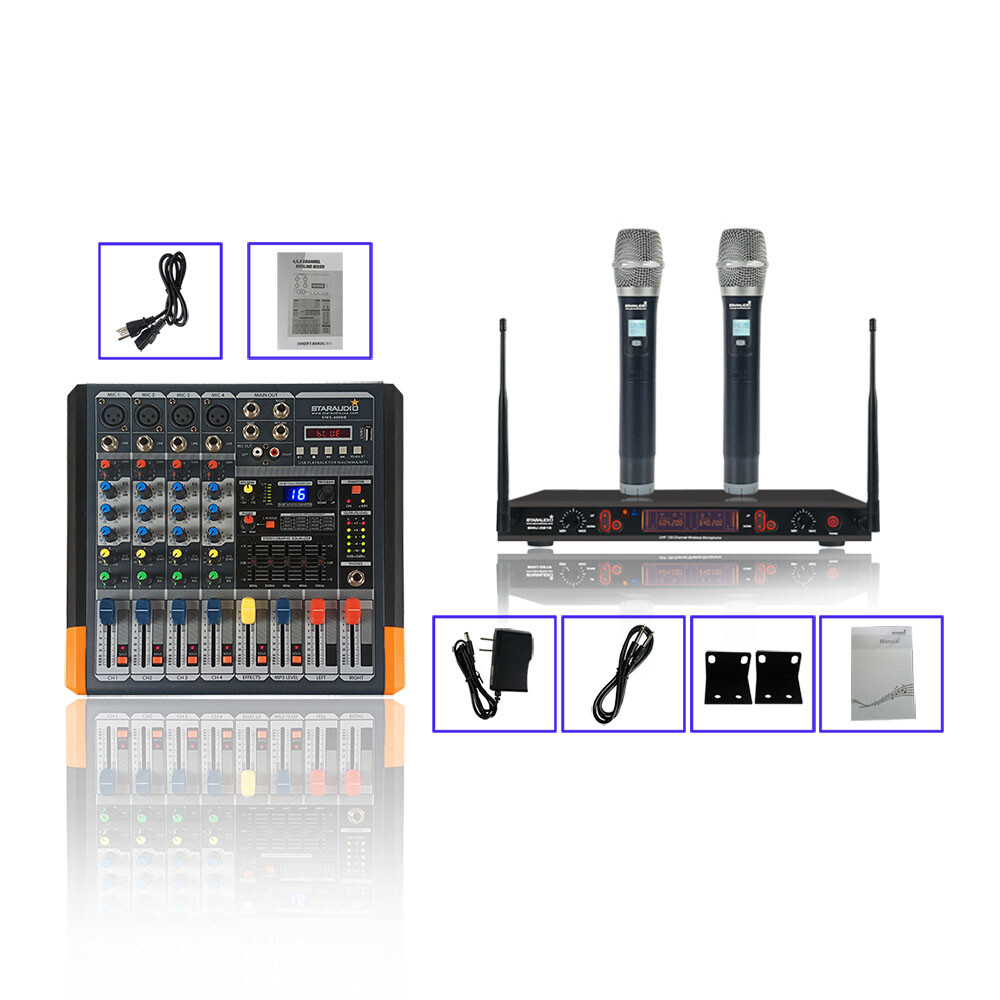 Pro Channel Powered Audio Mixer 16 DSP 2CH UHF Wireless Microphone Church  KTV