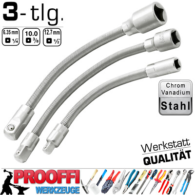3-tlg Flexible Verlängerung Set Stecknuss Adapter Biegsam Welle 1/4'' 3/8'' 1/2''