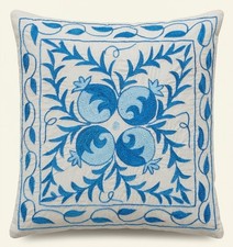 New Silk Hand Embroidery Suzani Textile Cushion Cover in Cream Blue. 18"x19"