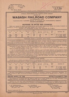 1948 Wabash Railroad freight tariff - increase in rates and charges supplement