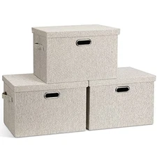 Large Quart Collapsible Stackable Storage Bins with Lids, 3 Large -3 Pack Beige